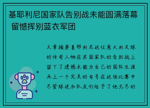基耶利尼国家队告别战未能圆满落幕 留憾挥别蓝衣军团
